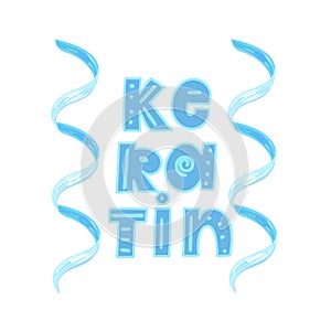 Keratin. Spiral shape. Protein structure. Hand drawn lettering. Blue color. Emblem, label, package design