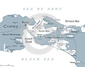 Kerch Strait in Eastern Europe, connecting Black Sea and Sea of Azov, gray map