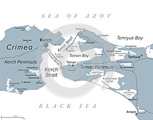Kerch Strait in Eastern Europe, connecting Black Sea and Sea of Azov, gray map photo