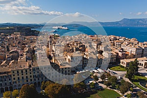 Kerkyra city, Corfu island, Greece, beautiful summer aerial drone view of Kerkyra old town center, with Ionean sea harbour port,