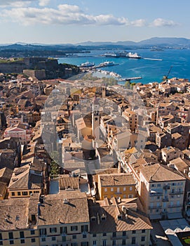 Kerkyra city, Corfu island, Greece, beautiful summer aerial drone view of Kerkyra old town center, with Ionean sea harbour port,