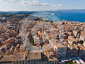 Kerkyra city, Corfu island, Greece, beautiful summer aerial drone view of Kerkyra old town center, with Ionean sea harbour port,