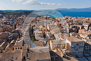 Kerkyra city, Corfu island, Greece, beautiful summer aerial drone view of Kerkyra old town center, with Ionean sea harbour port,