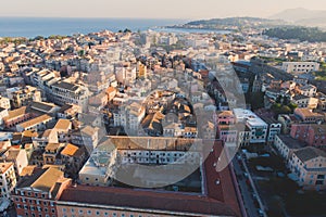 Kerkyra city, Corfu island, Greece, beautiful summer aerial drone view of Kerkyra old town center, with Ionean sea harbour port,