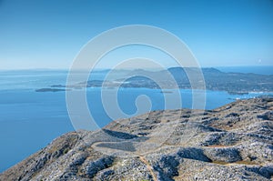 Kerkyra viewed from Mount Pantokrator at Corfu, Greece