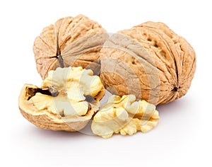 Kernel and whole walnut isolated on white background