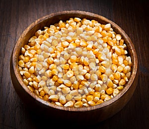 Kernels, Corn seeds on wood bowl