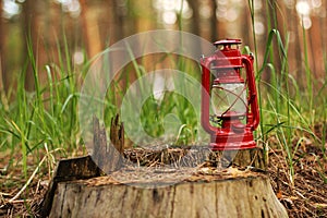 Kerosene lamp in the forest. Abstract photo