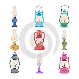 kerosene lamp set cartoon vector illustration