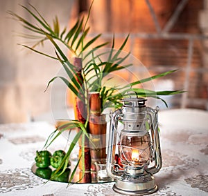 Kerosene lamp and Sugar cane decoration