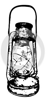 Kerosene lamp. Vintage oil lantern. Ink sketch isolated on white background. Hand drawn vector illustration.