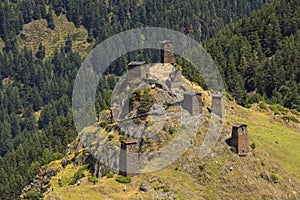 Keselo towers in Omalo village, Tusheti, Georgia. Old stones towers