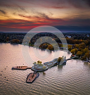 Keszthely, Hungary - Aerial panoramic view of the beautiful Pier of Keszthely by the Lake Balaton with a colorful autumn sunset