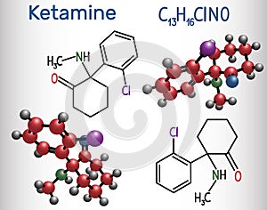 Ketamine molecule. It is used for anesthesia in medicine. Structural chemical formula and molecule model