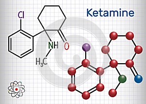Ketamine molecule. It is used for anesthesia in medicine. Structural chemical formula and molecule model. Sheet of paper in a cage