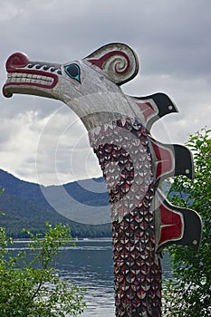 Ketchikan, Alaska: A totem overlooks the Tongass Narrows at Potlatch Totem Park