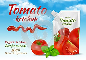Ketchup ads. Containers for liquid food ingredients tomato design labels decent vector package for sauces
