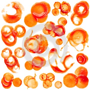 Ketchup blots, stains, blemishes, drops on white