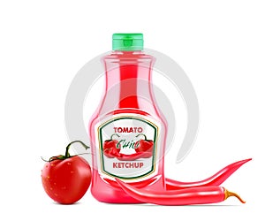 Ketchup bottle with fresh tomatoes and red hot chili pepers on the lable isolated on white background, realistic vector