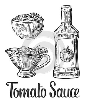 Ketchup bottle, tomato sauce in a plate. Vector vintage engraved illustration