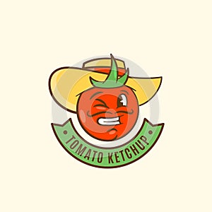 Ketchup Emblem with Banner. Tomato in a Hat Abstract Vector Sign, Symbol or Logo Template. Funny Smiling and Winking Man