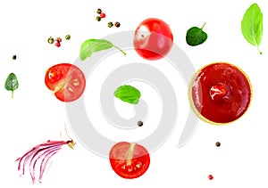 Ketchup ingredients on white background