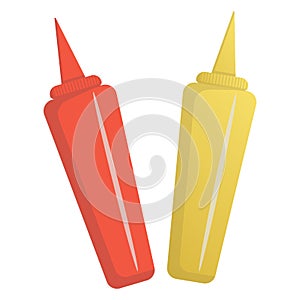 Ketchup and mustard. Ketchup and mustard in a bottle. Hot dog sauce. Fast food. Food. Unhealthy food. Cartoon style.