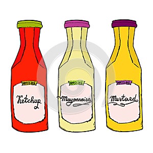 Ketchup, Mustard, Mayonnaise bottles. Hand drawn artistic sketch