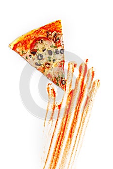 Ketchup soiled hand is holding a slice of pizza. creative concept of fast food. White background. Top wiev. Copy space