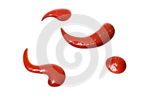 Ketchup splashes, group of objects. Isolated white background, top view.