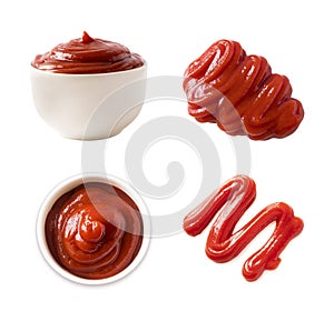 Ketchup or tomato sauce isolated on white background. Tomato sauce splash isolated on white background. Bowl of tomato sauce