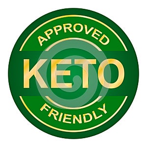 Keto approved friendly stamp. Ketogenic diet. Love keto. Gold round frame. Plant based vegan food product label. Logo or icon.
