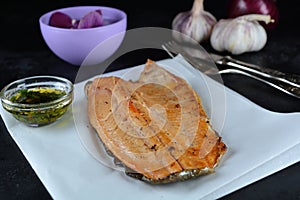 Keto Baked Trout Fillet with Red Pepper Flakes - served with garlic-infused olive oil