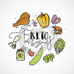 Keto for beginners - vector sketch illustration - multi-colored sketch healthy concept. Healthy keto diet for beginners