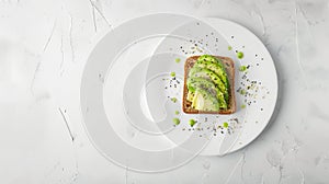 keto bread with avocado, elegantly served on a white plate atop a pristine table against a white wall backdrop