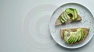 keto bread with avocado, elegantly served on a white plate atop a pristine table against a white wall backdrop