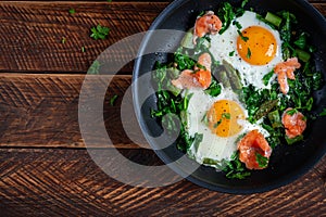 Keto breakfast. Fried eggs with asparagus, spinach and salmon.