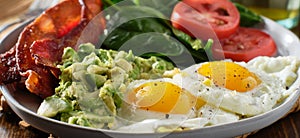Keto breakfast plate with eggs bacon and mashed avocado