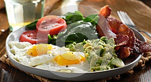 Keto breakfast plate with eggs bacon and mashed avocado