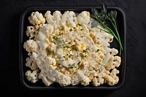 Keto Cauliflower Mac And Cheese On Black Matte Plate. Generative AI