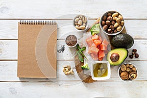 Keto diet concept - good fat sources on white wood background