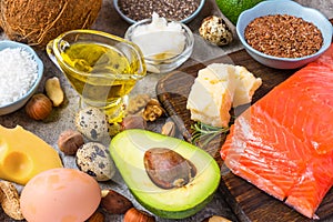 Keto diet concept. Ketogenic diet food. Balanced low carb food background. Vegetables, fish, cheese, nuts, seeds