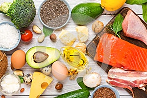 Keto diet concept. Ketogenic diet food. Balanced low carb food background. Vegetables, fish, meat, cheese, nuts, seeds