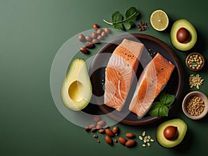 Keto diet concept - salmon, avocado, eggs, nuts and seeds, bright green background, top view