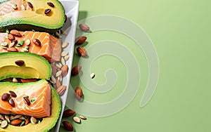 Keto diet concept. salmon, avocado, nuts and seeds, pastel green background, top view. Keto diet food ingredients. Generative AI