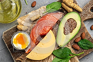 Keto diet food, salmon, avocado, cheese, egg, spinach and nuts. Ketogenic low carbs diet concept. Ingredients for healthy foods