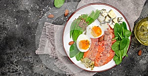 Keto diet food, salmon, avocado, cheese, egg, spinach and nuts. Ketogenic low carbs diet concept. Ingredients for healthy foods.