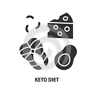 Keto diet glyph icon. Ketogenic diet concept vector sign. Low carbs products. Salmon, nuts, cheese, avocado symbol of healthy