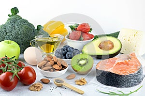 Keto diet: green vegetables, salmon, meat, eggs, berries, fruits, nuts, butter. Foods rich in healthy fats, omega 3.