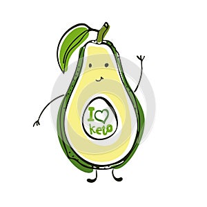 Keto diet hand drawn illustration. Cartoon cute avocado character with lettering. Healthy ketogenic nutrition. Low carb diet. I